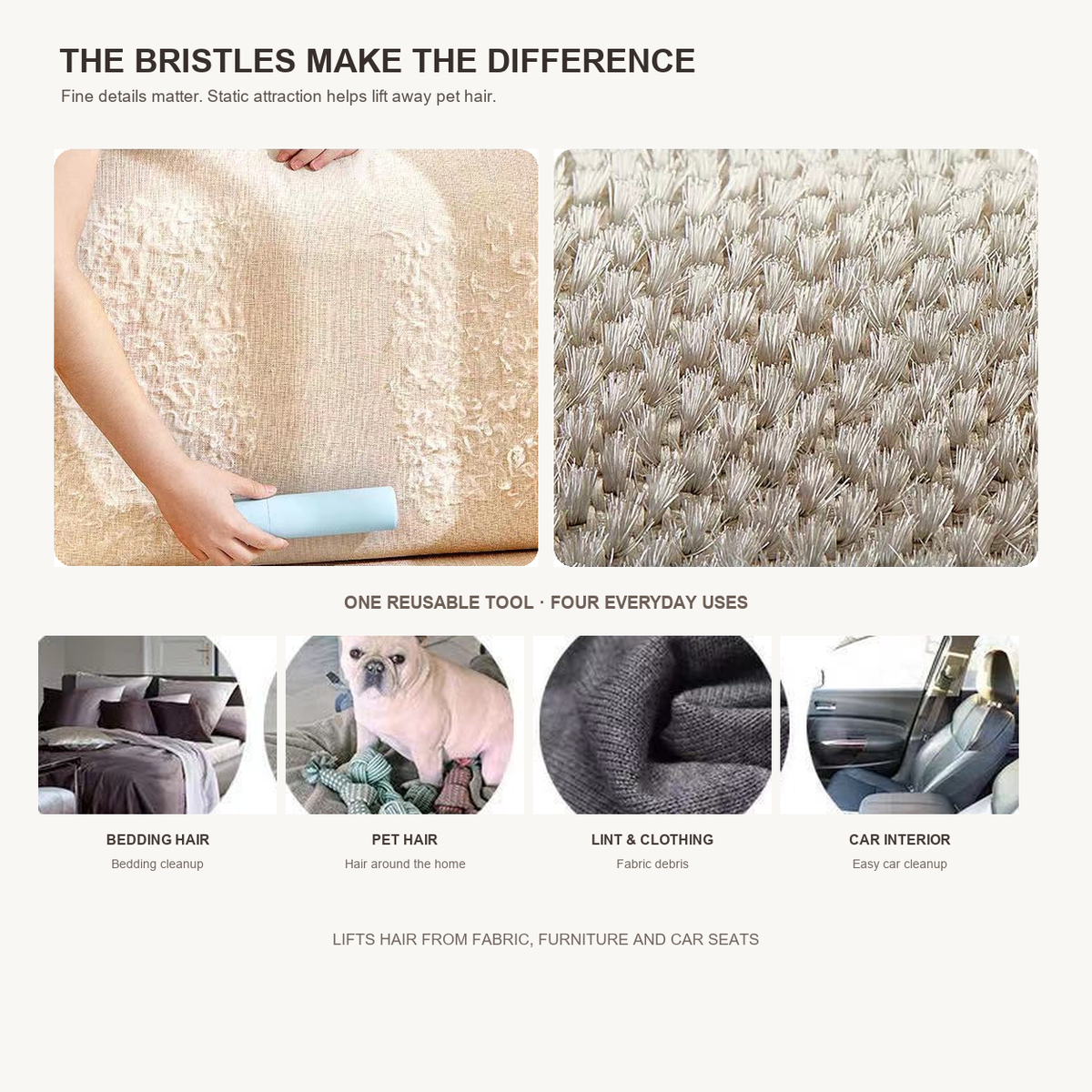 Reusable pet hair remover roller used on upholstery, fabric, bedding and car seats