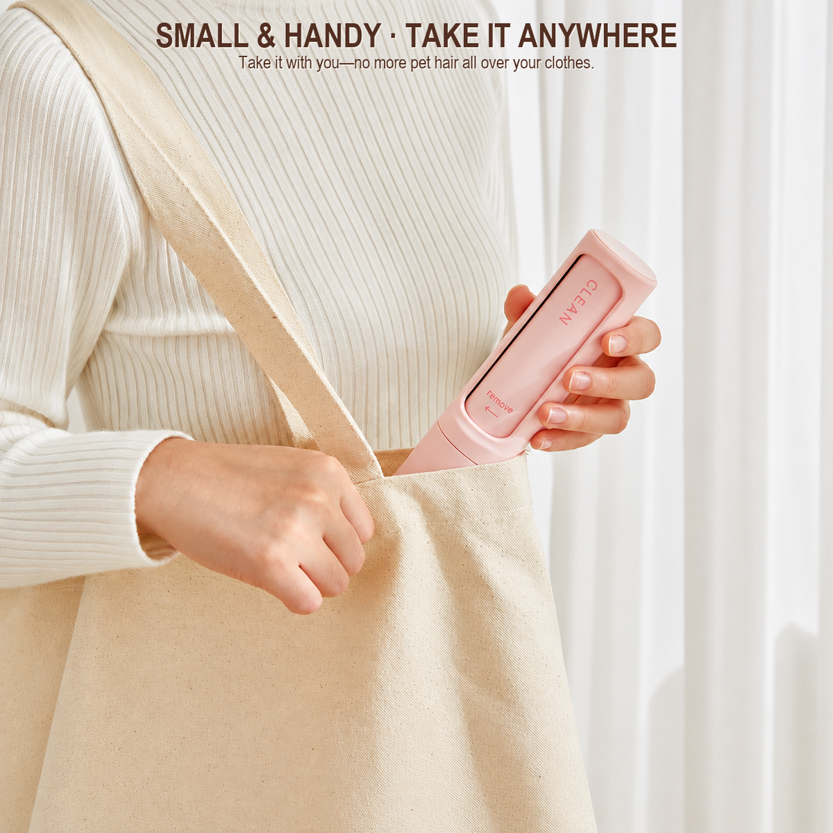 Portable lint remover used on clothing for on-the-go pet hair cleanup