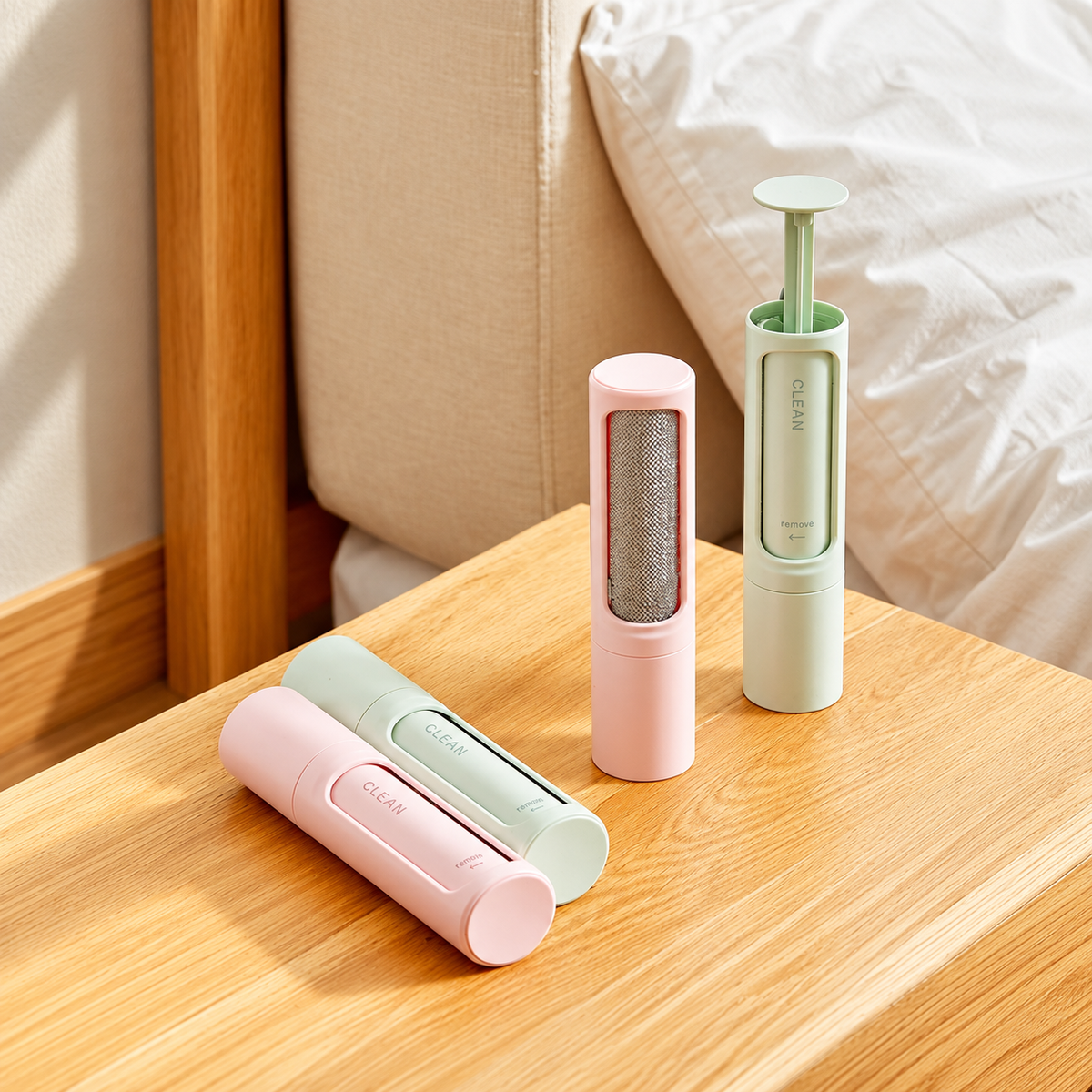 Four-color reusable lint removers displayed on a table by a bed
