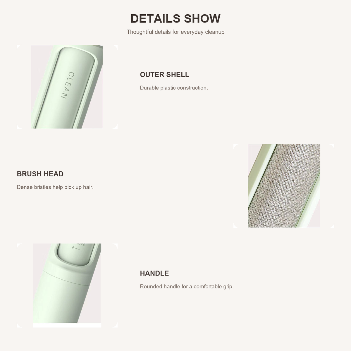 Details of a portable reusable pet hair remover roller shell, brush head and handle
