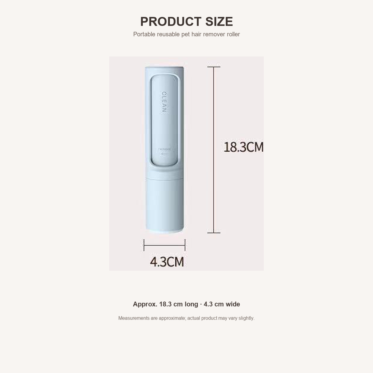 Product size diagram for a portable reusable pet hair remover roller