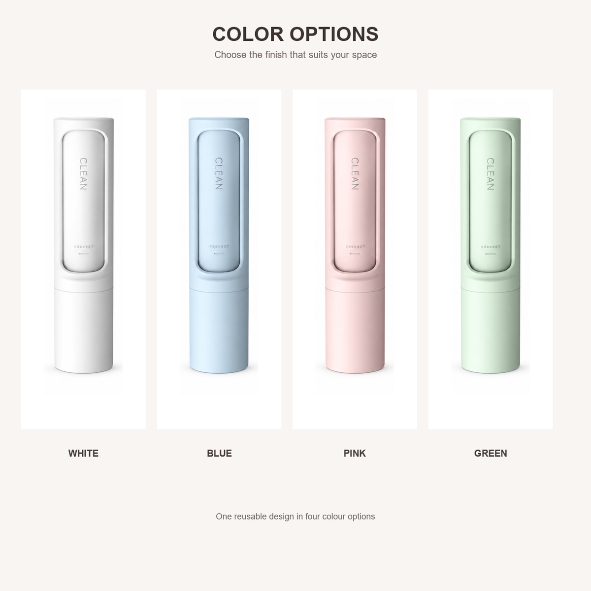 Four colour options of a portable reusable pet hair remover roller