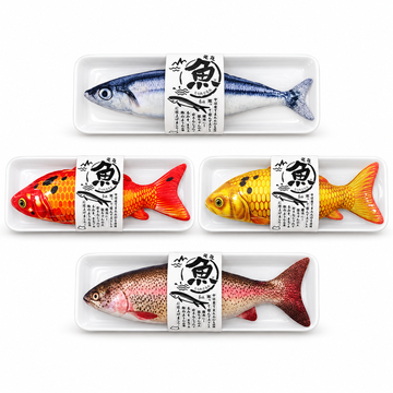 Catnip fish toys in blue, red, gold and speckled fish designs on a white background [Gallery: Multi-SKU White]