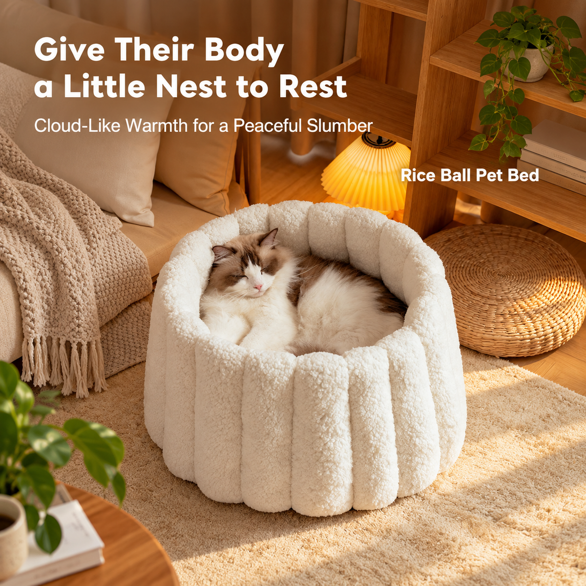The Healing Rice Ball Pet Nest  PET BAD | source image 01 | content-safe square revision | TEXT_LAYOUT_REBUILD | textLayer=transparent-overlay-rebuilt | 20260920-v6
