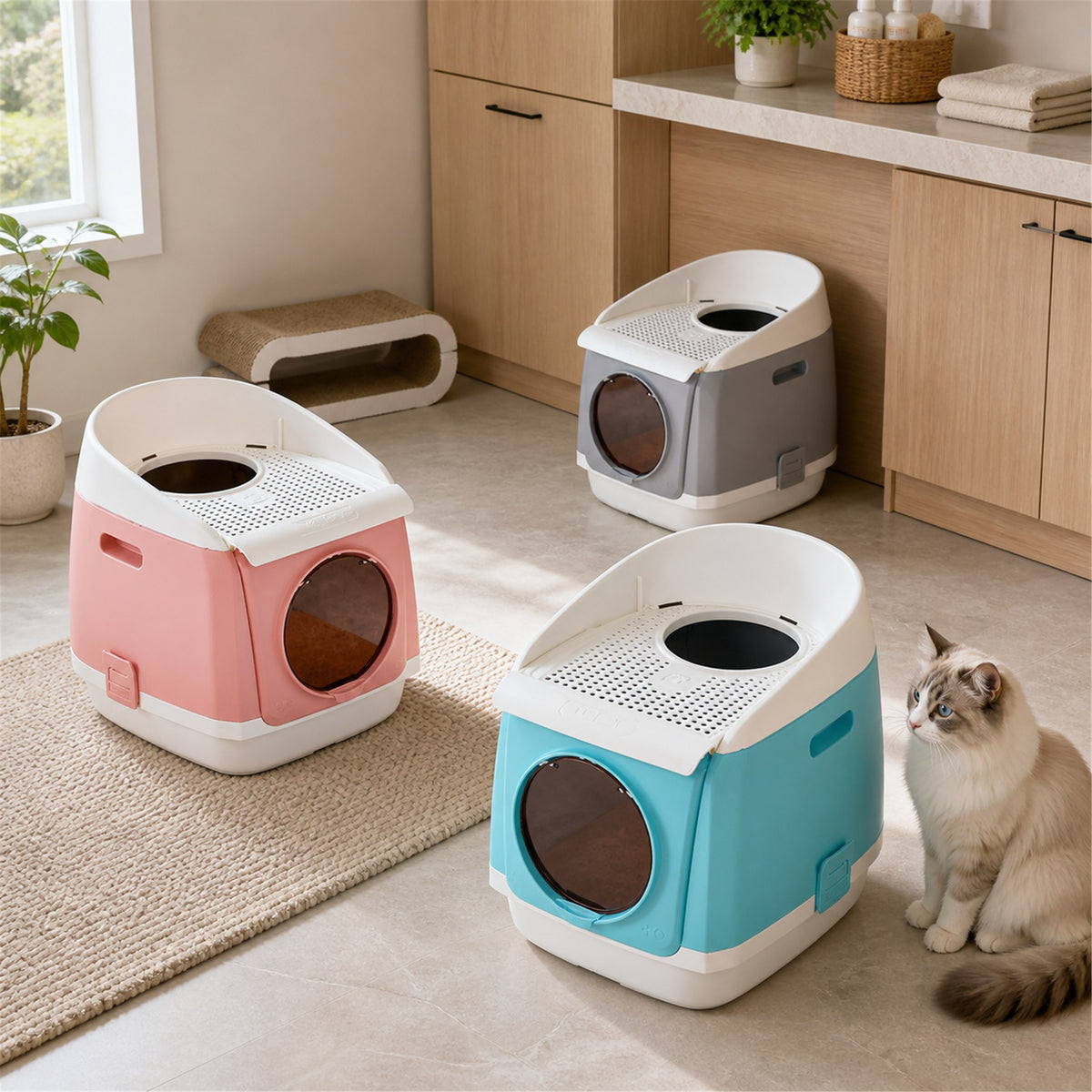 PAKEWAY TOMCAT Blue Pink and Grey cat litter boxes in a modern home