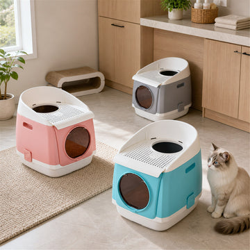 PAKEWAY TOMCAT Blue Pink and Grey cat litter boxes in a modern home