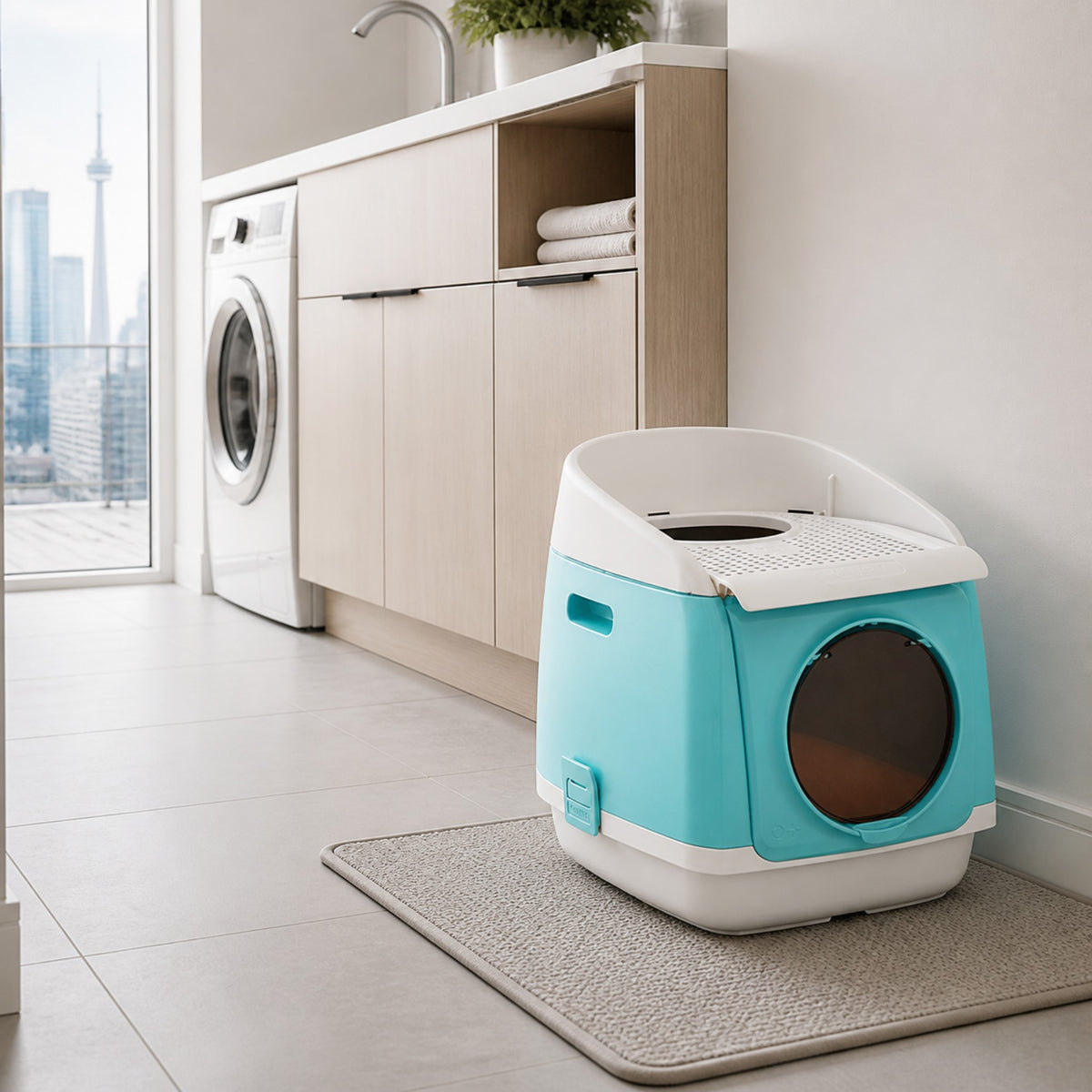 PAKEWAY TOMCAT enclosed cat litter box in a modern laundry nook