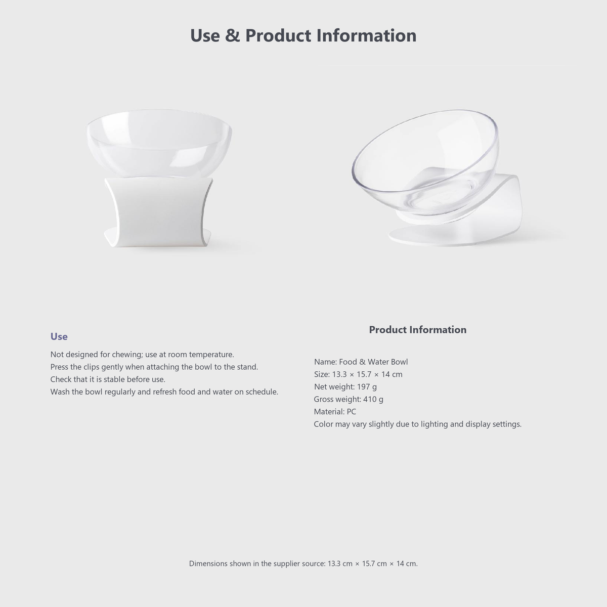 PIDAN elevated angled pet bowl use directions and product specifications