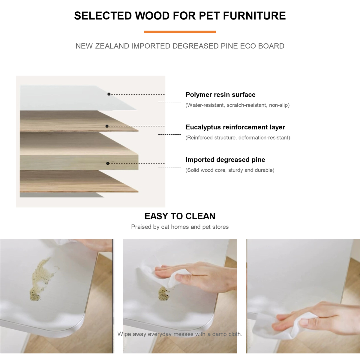 Selected wood board and easy-clean detail for a wooden cat train bed
