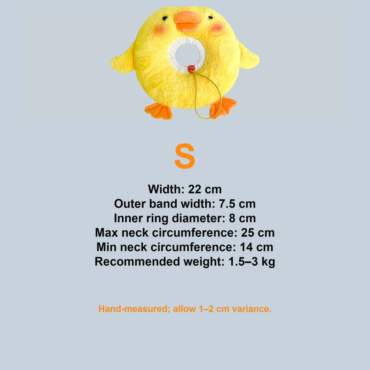 Duck plush pet recovery collar S size dimensions and measurement note