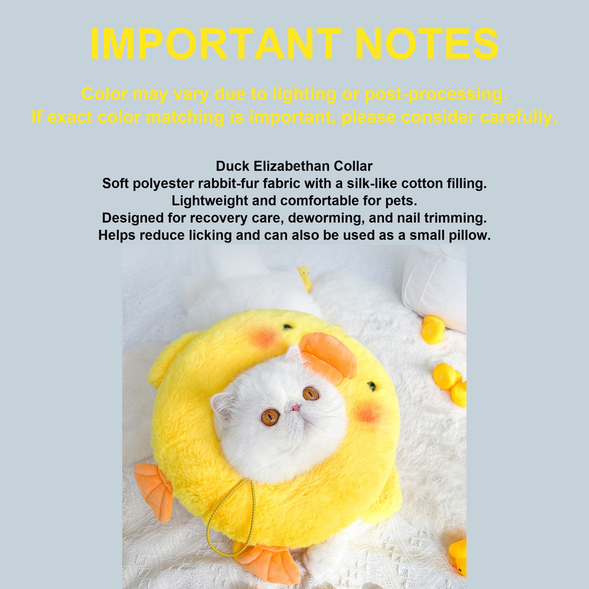 Duck plush pet recovery collar material and cat-use photo