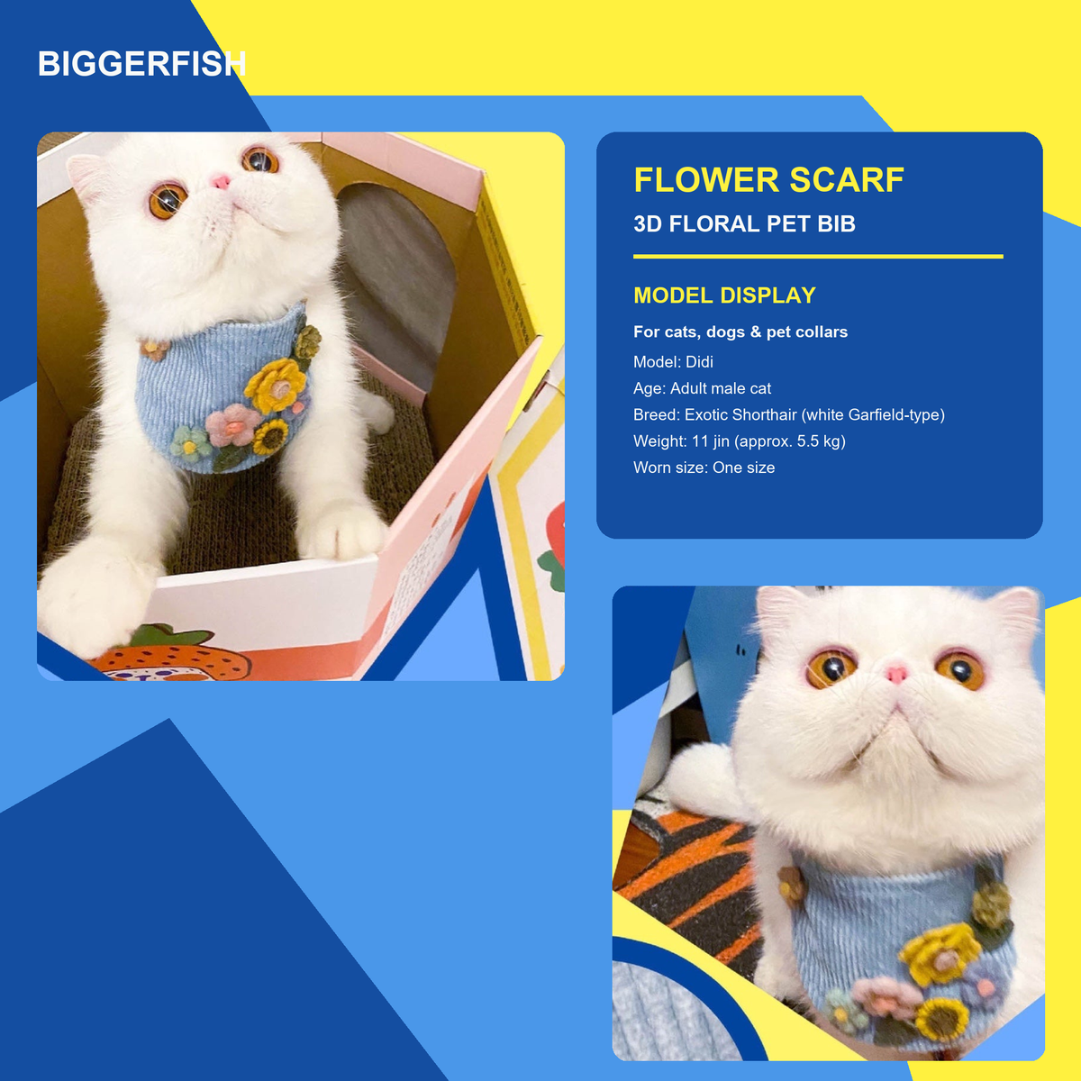 Blue floral pet bib scarf model display for cats and dogs