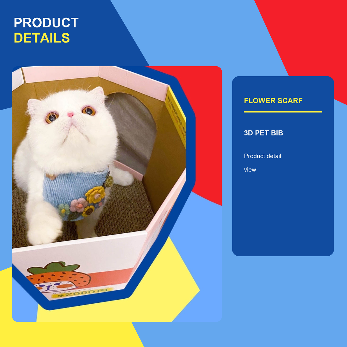 Blue floral pet bib scarf product details and cat model