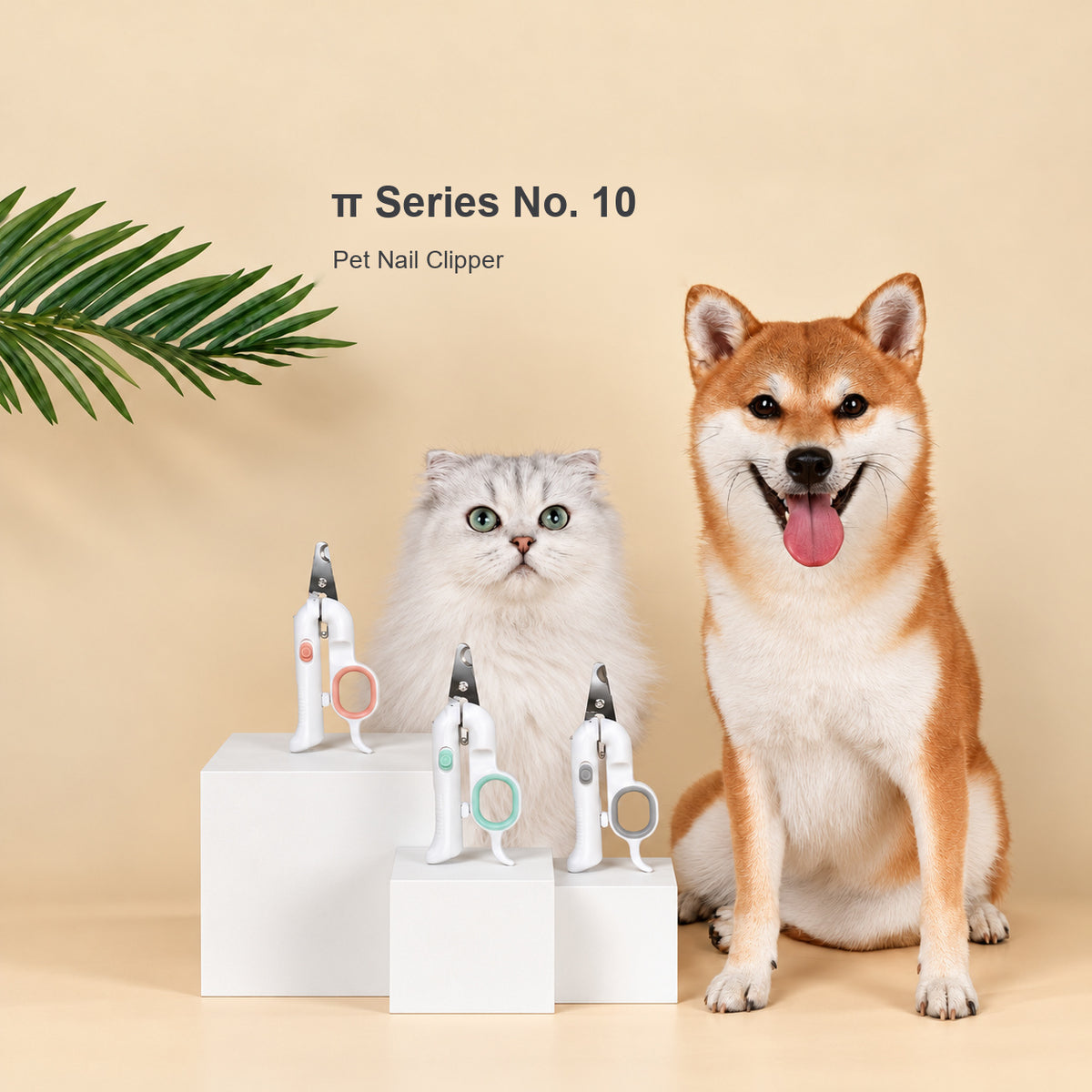 Pakeway dual-light pet nail clipper colour options shown with a cat and dog