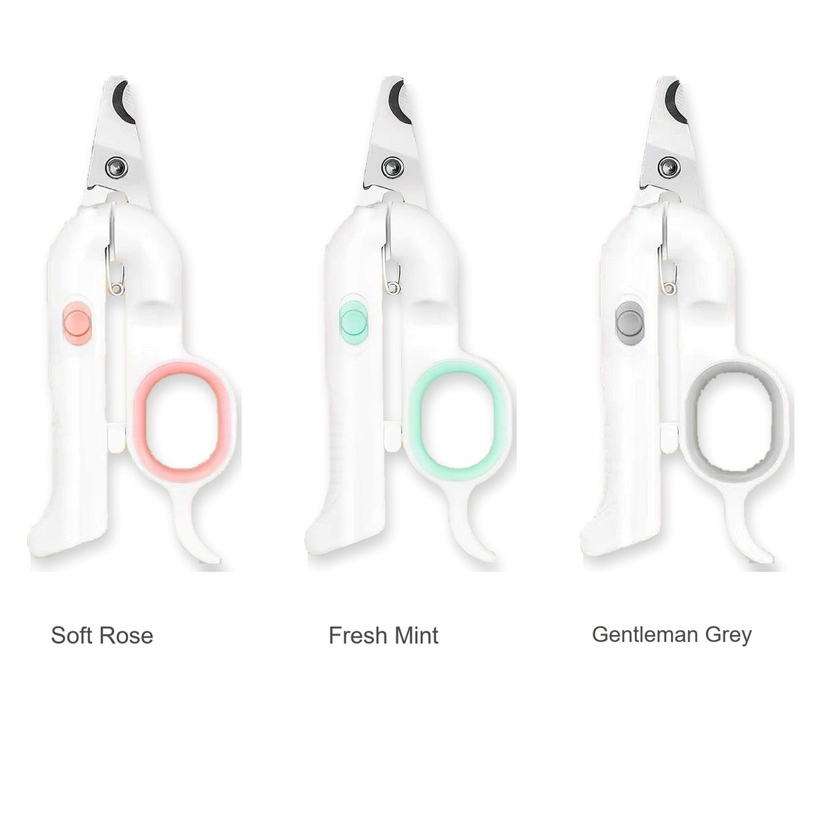 Pakeway pet nail clipper colour options: Soft Rose, Fresh Mint and Gentleman Grey