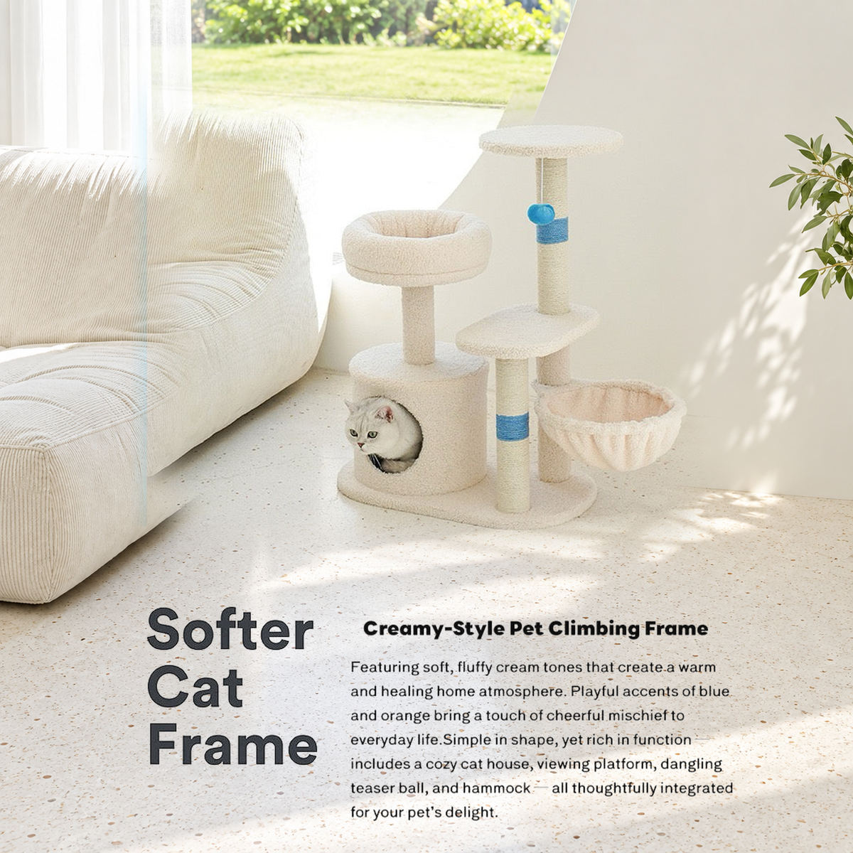 Revised | ZEZE White Cream Style Cat Tree | source image 03 | TEXT_LAYOUT_REBUILD | textLayer=transparent-overlay | complete square