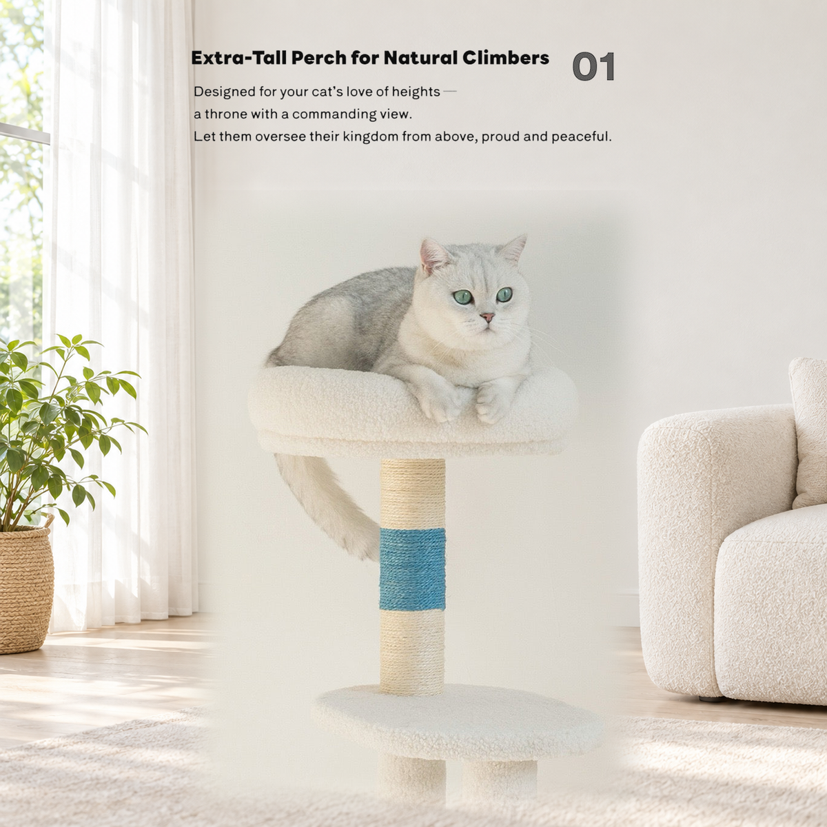 Revised | ZEZE White Cream Style Cat Tree Plus | source image 03 | TEXT_LAYOUT_REBUILD | textLayer=transparent-overlay | complete square