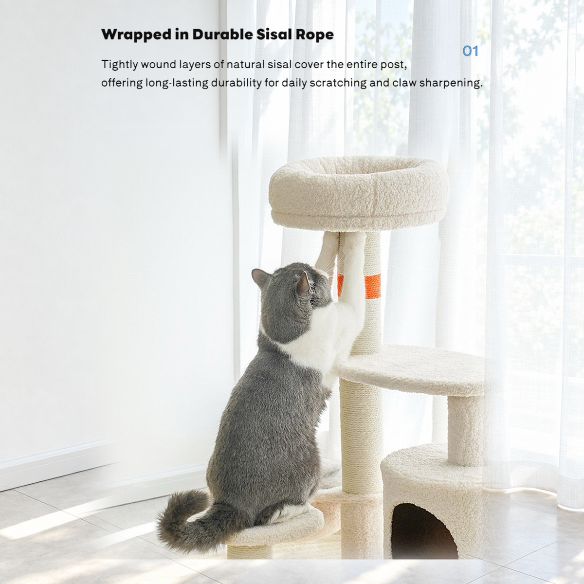 Revised | ZEZE White Cream Style Cat Tree | source image 05 | TEXT_LAYOUT_REBUILD | textLayer=transparent-overlay | complete square