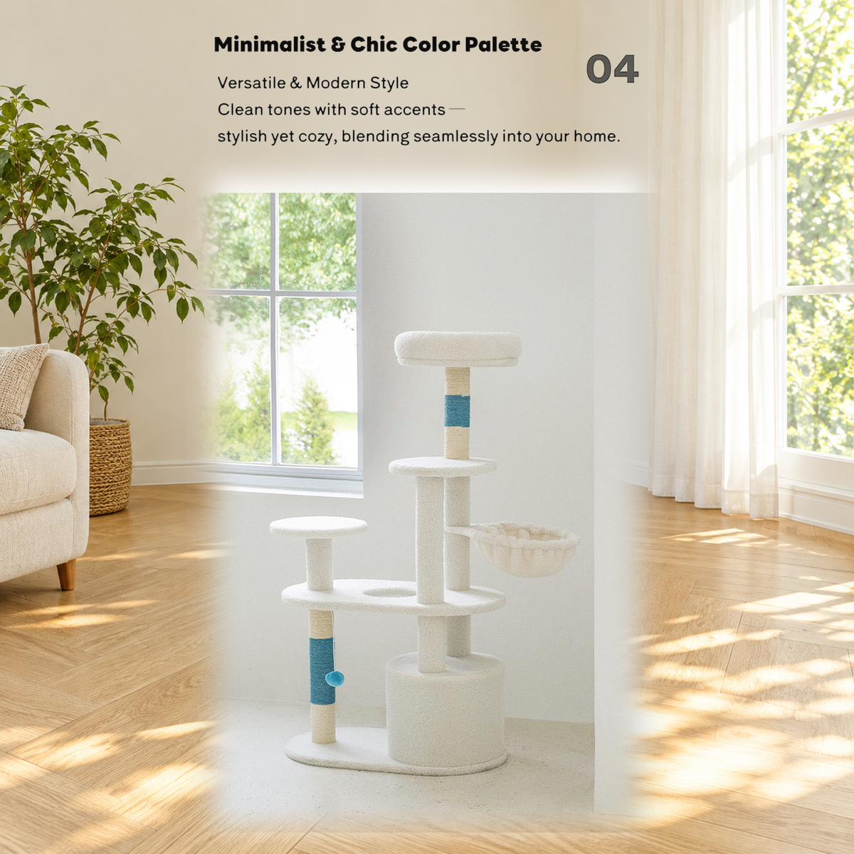 Revised | ZEZE White Cream Style Cat Tree Plus | source image 06 | TEXT_LAYOUT_REBUILD | textLayer=transparent-overlay | complete square
