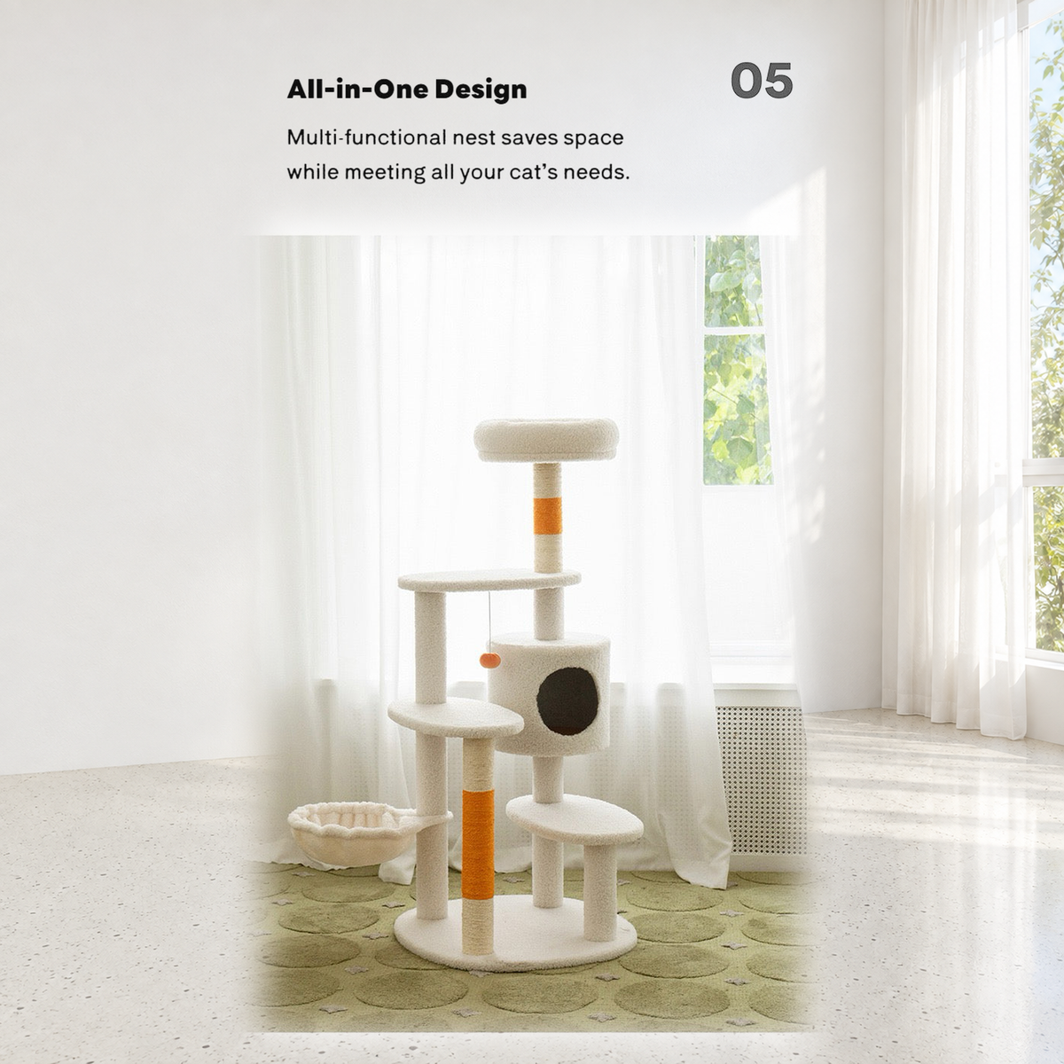 Revised | ZEZE White Cream Style Cat Tree Plus | source image 07 | TEXT_LAYOUT_REBUILD | textLayer=transparent-overlay | complete square
