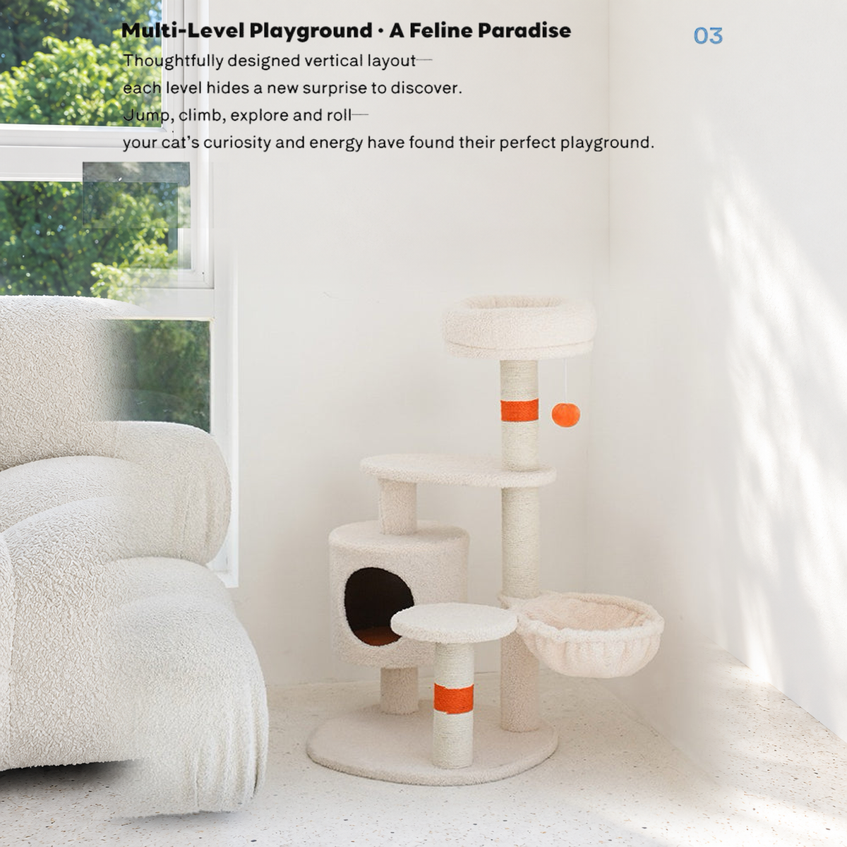 Revised | ZEZE White Cream Style Cat Tree | source image 07 | TEXT_LAYOUT_REBUILD | textLayer=transparent-overlay | complete square