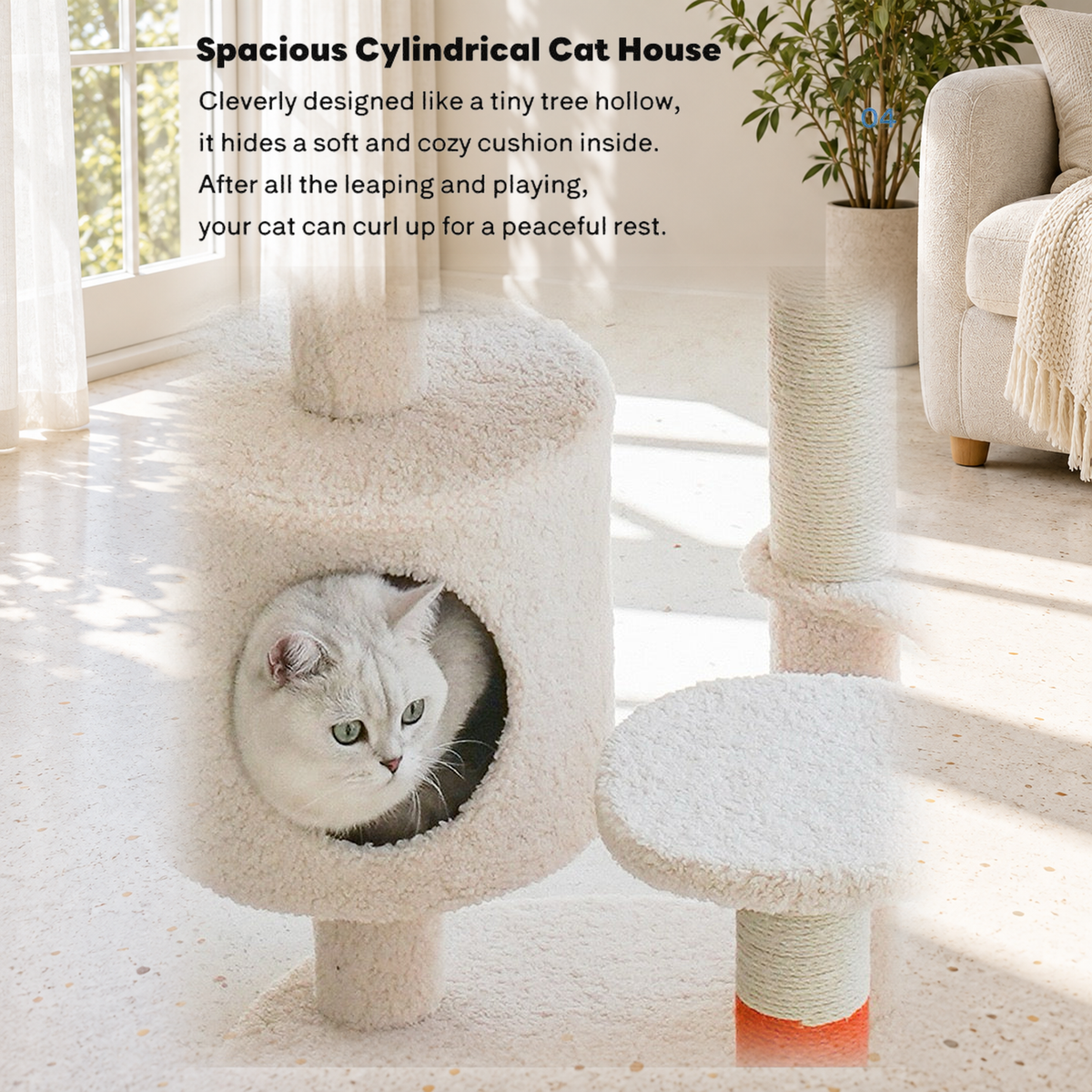 Revised | ZEZE White Cream Style Cat Tree | source image 08 | TEXT_LAYOUT_REBUILD | textLayer=transparent-overlay | complete square