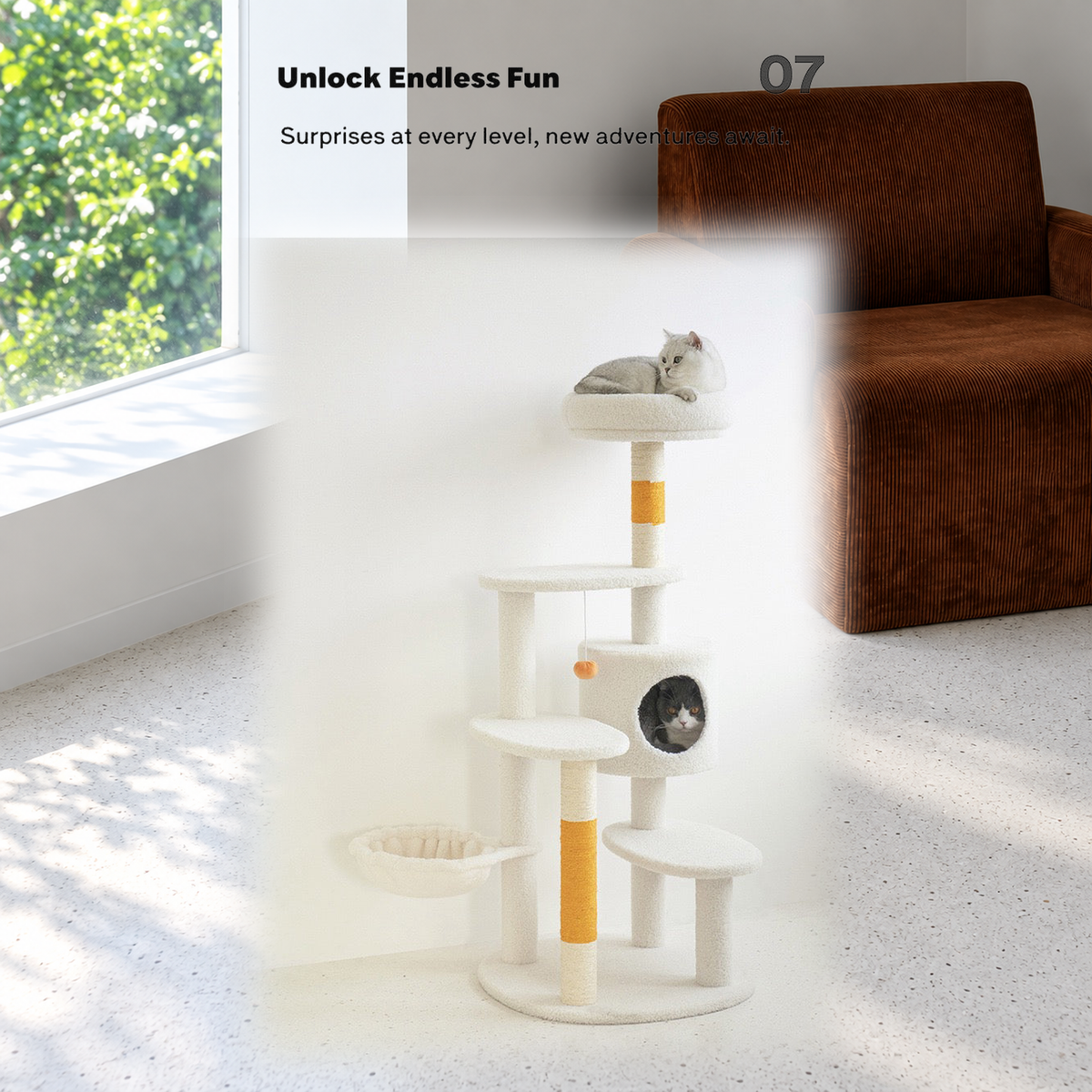Revised | ZEZE White Cream Style Cat Tree Plus | source image 09 | TEXT_LAYOUT_REBUILD | textLayer=transparent-overlay | complete square