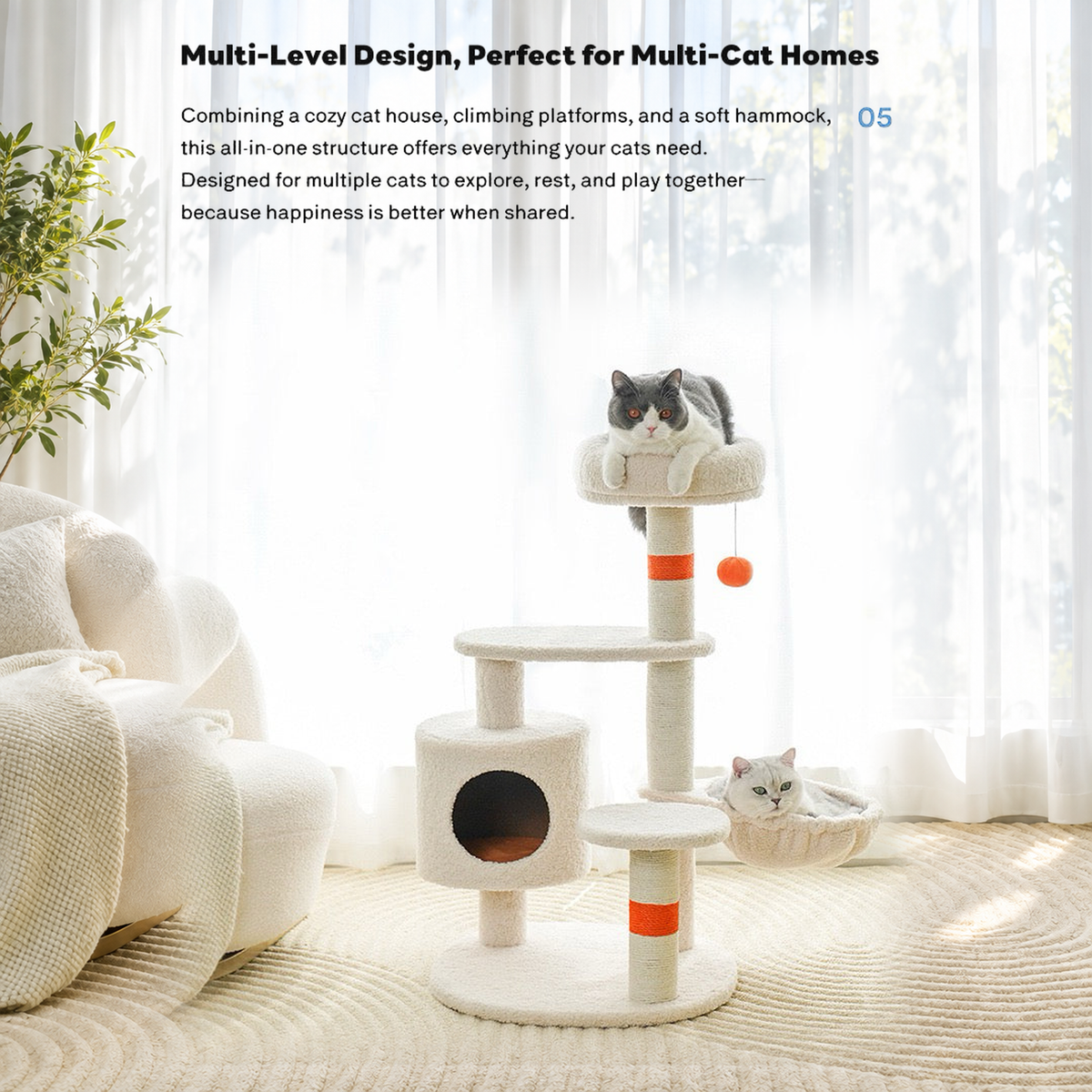 Revised | ZEZE White Cream Style Cat Tree | source image 09 | TEXT_LAYOUT_REBUILD | textLayer=transparent-overlay | complete square