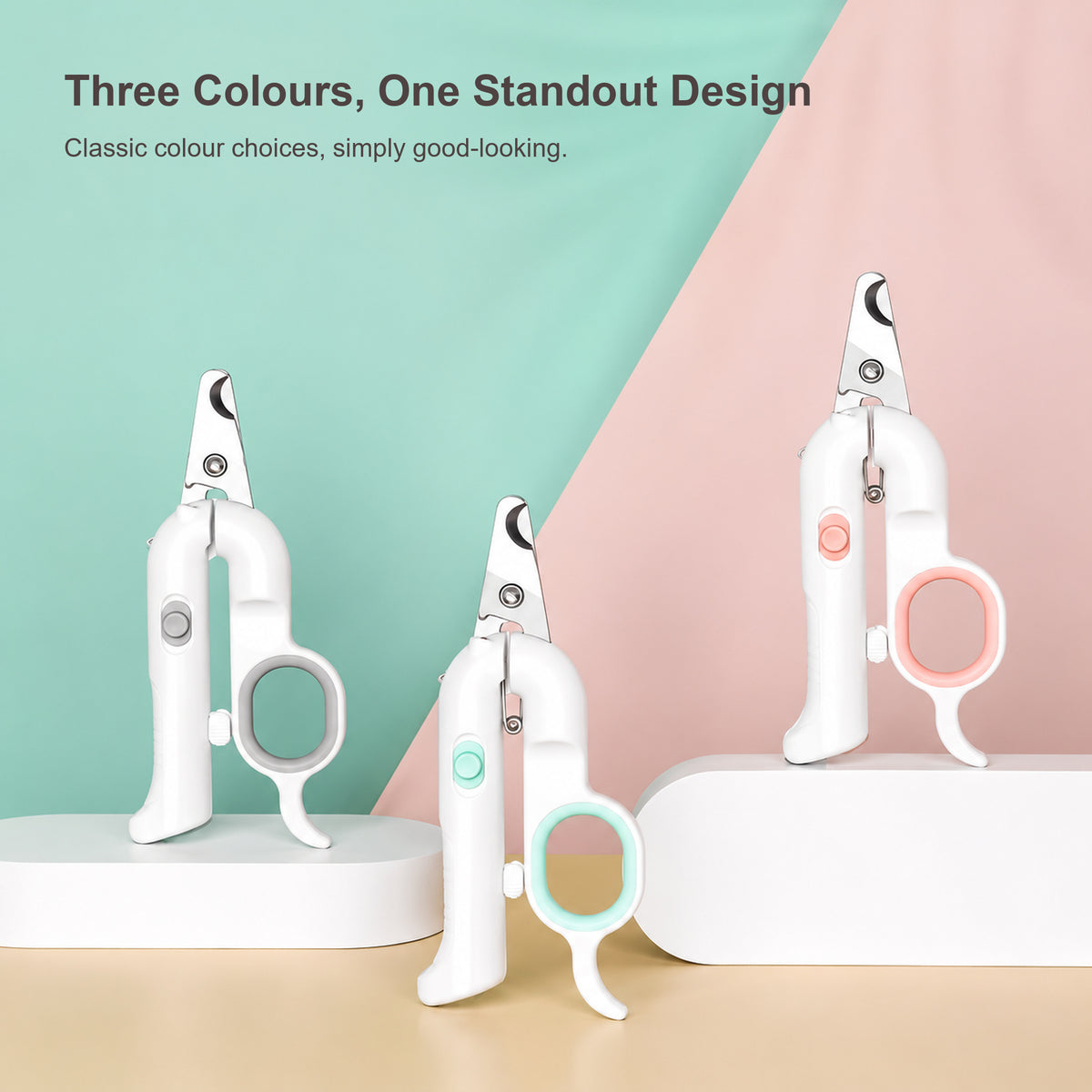 Pakeway dual-light pet nail clipper in Soft Rose, Fresh Mint and Gentleman Grey
