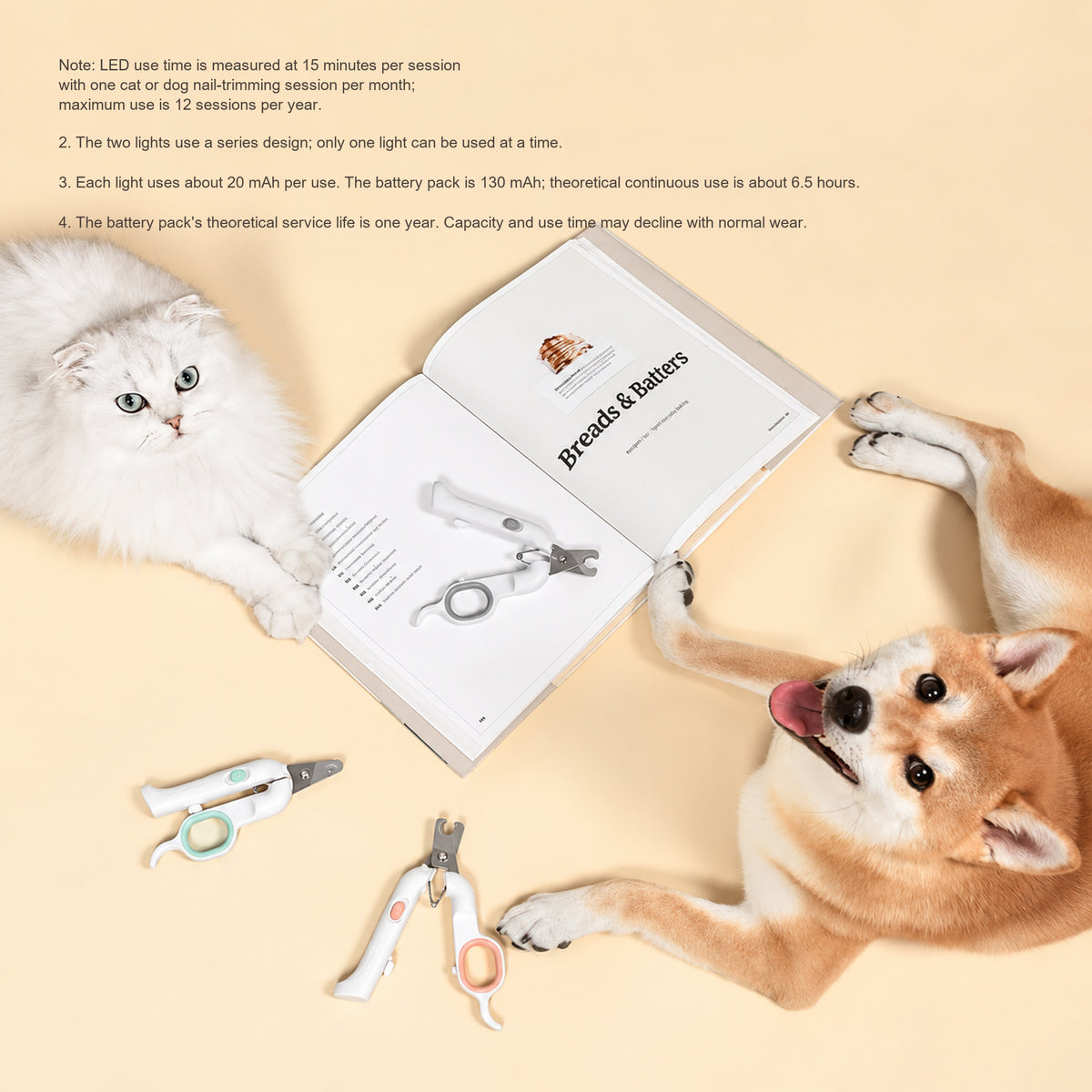 Cat and dog beside Pakeway pet nail clippers and an instruction book