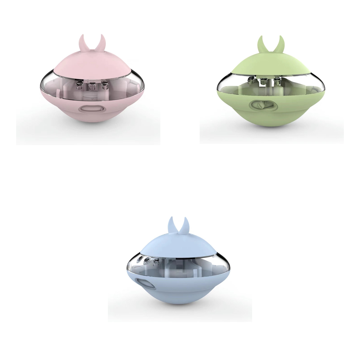 AIWO UFO wobble treat dispensing puzzle toy in Pink, Green and Blue