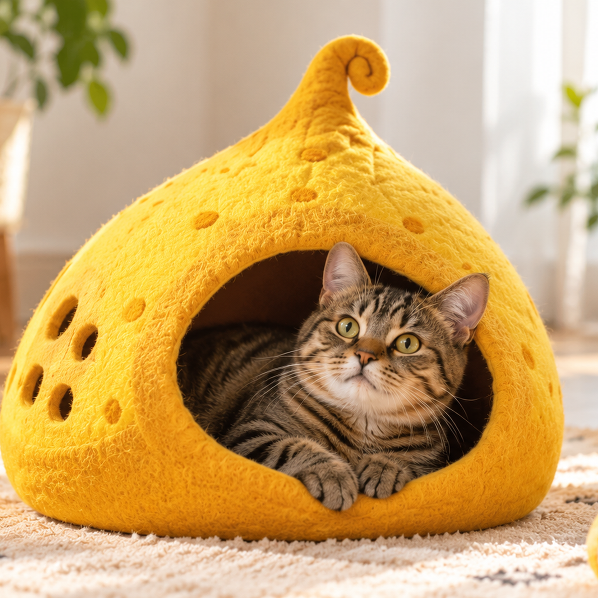 Square corrected sunset yellow felt cat cave lifestyle image 2