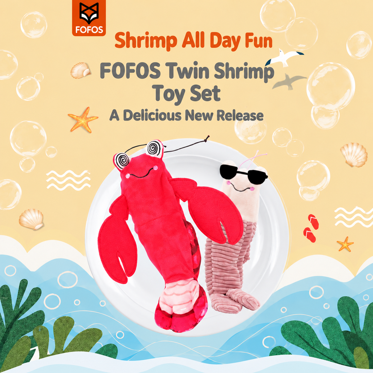 Fofos interactive shrimp cat toy set with twin plush shrimp toys