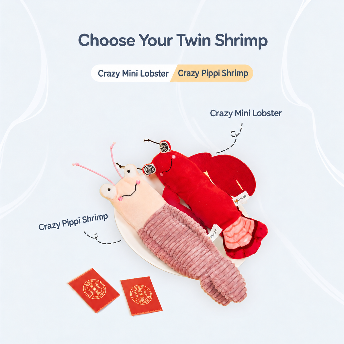 Fofos twin shrimp cat toy options including mini lobster and Pippi shrimp
