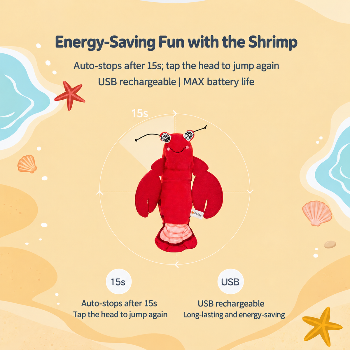 Fofos energy-saving automatic shrimp cat toy with 15-second pause and USB charging
