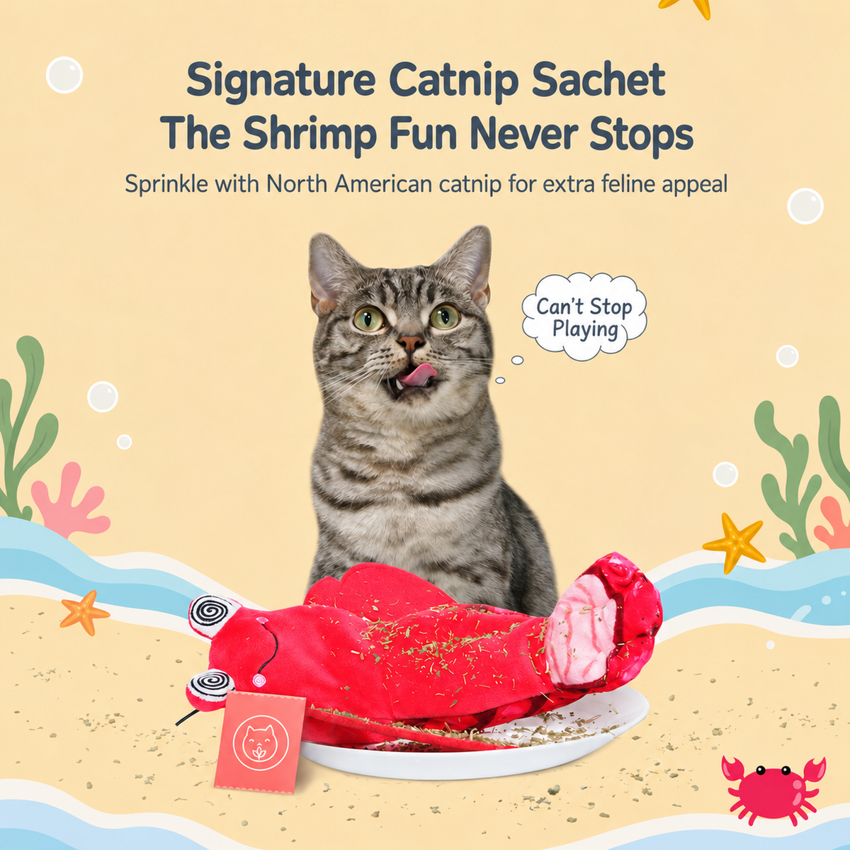Fofos catnip shrimp toy with catnip sachet and tabby cat