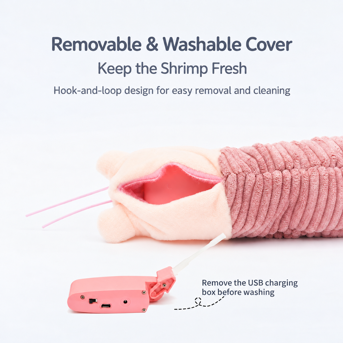 Fofos shrimp cat toy with removable washable cover and USB charging box
