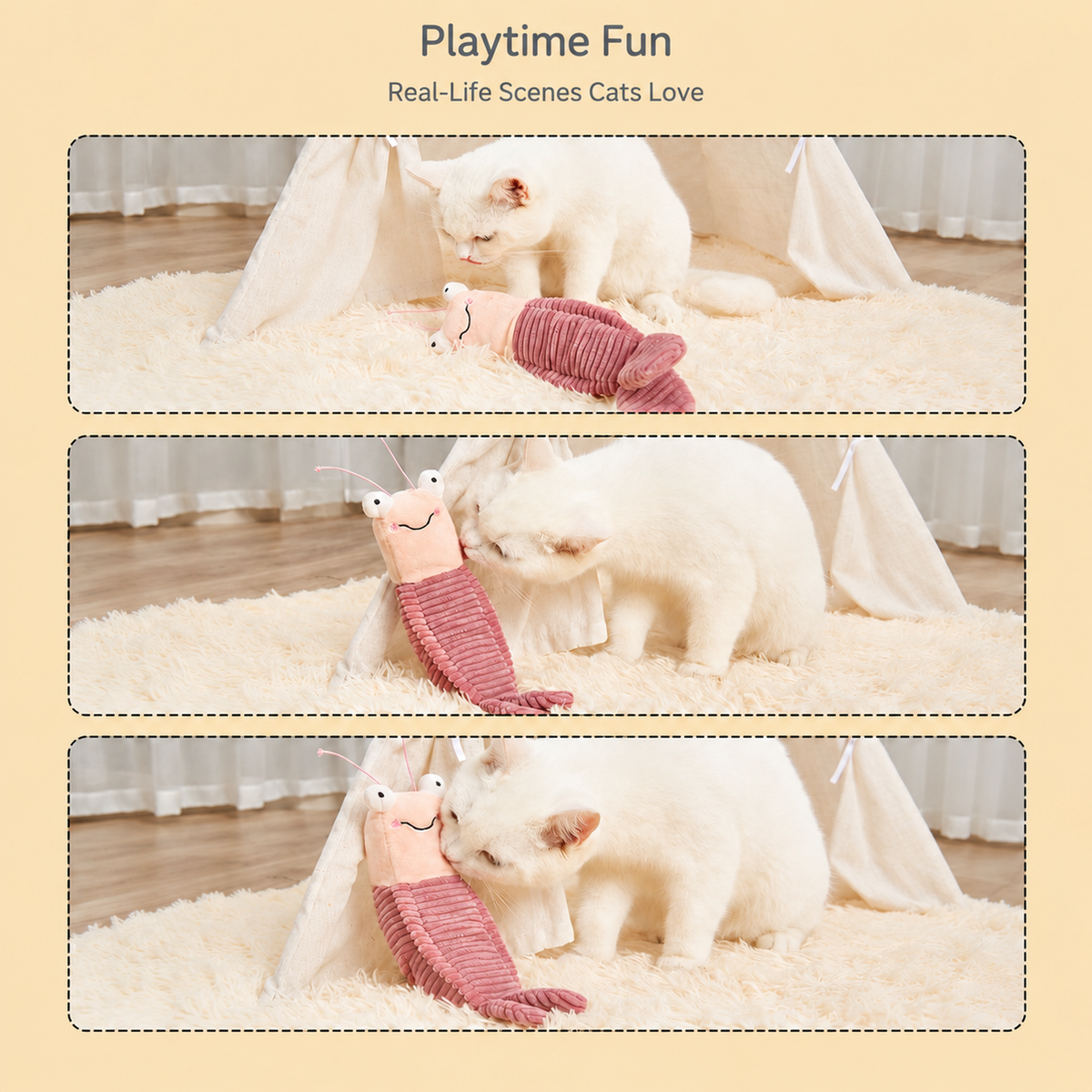 Fofos shrimp cat toy lifestyle scenes with cats playing