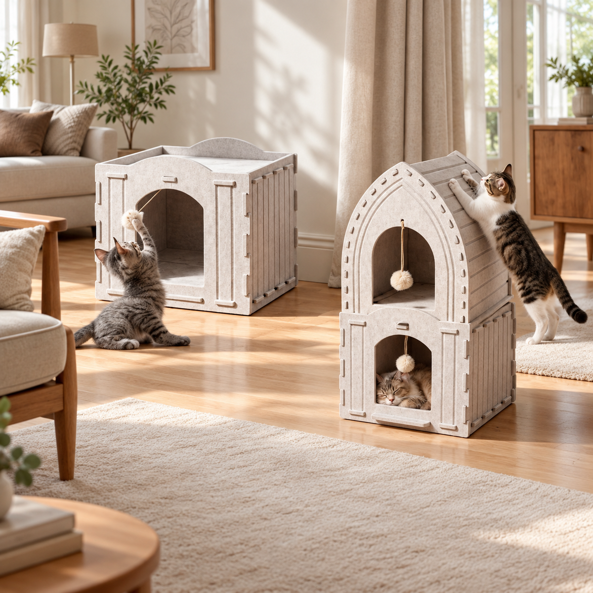 Revised | The Felt Fortress: Modular Castle Cat Den | source image 04 | TEXT_LAYOUT_REBUILD | textLayer=transparent-overlay | backgroundMode=scene-outpaint | complete square