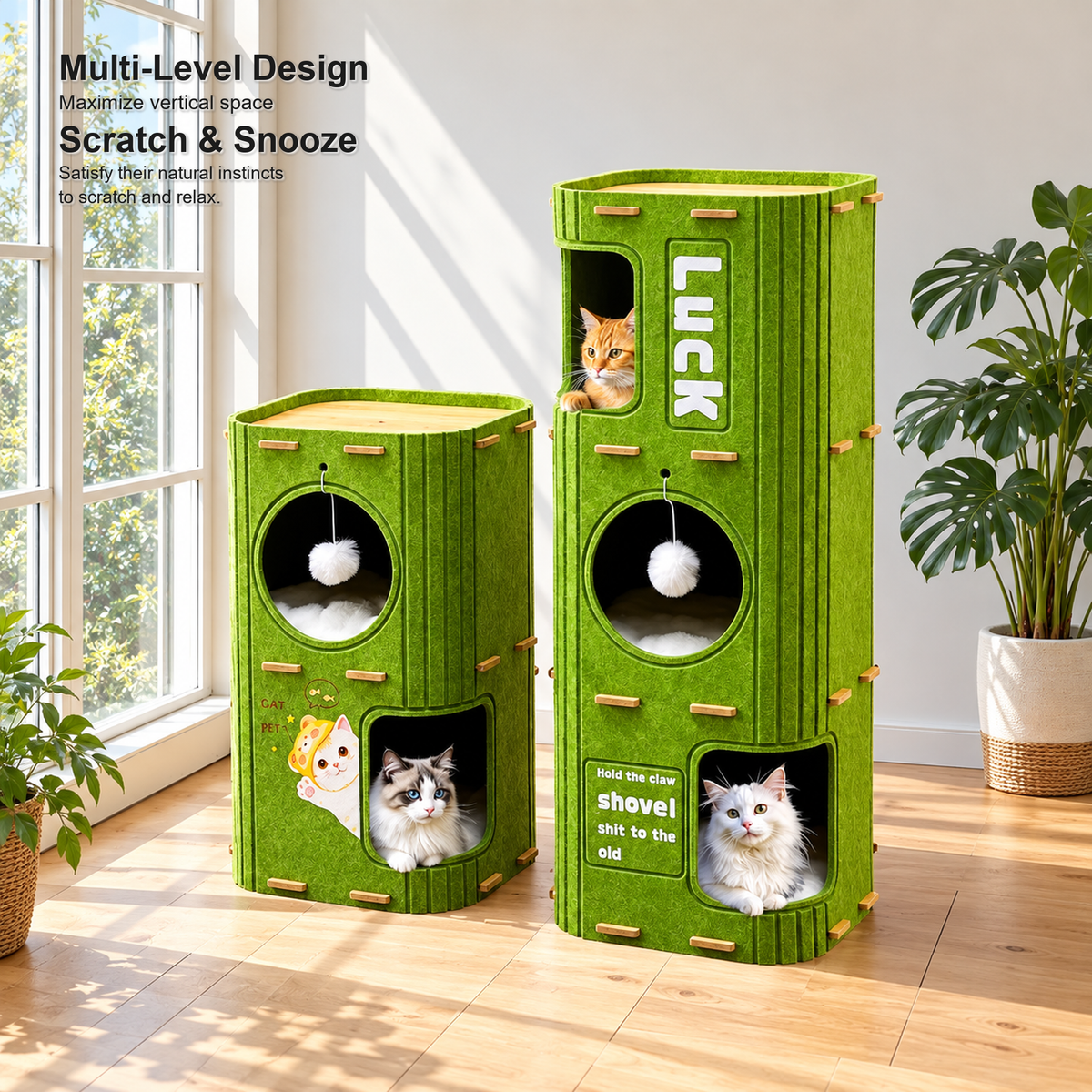 Revised | Multi-Functional Felt Cat Tower / Cat Barrel | source image 05 | TEXT_LAYOUT_REBUILD | textLayer=transparent-overlay | backgroundMode=scene-outpaint | complete square
