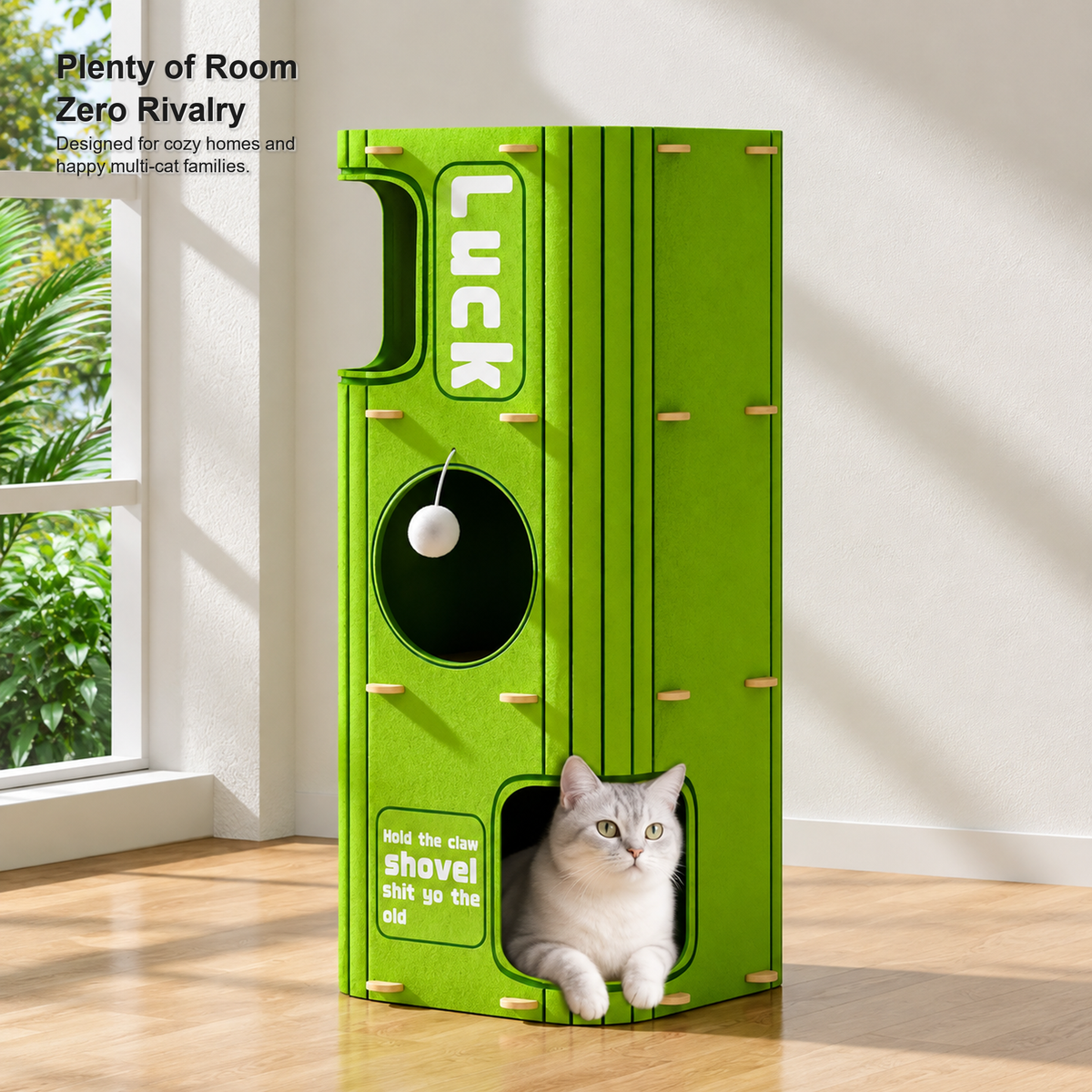 Revised | Multi-Functional Felt Cat Tower / Cat Barrel | source image 06 | TEXT_LAYOUT_REBUILD | textLayer=transparent-overlay | backgroundMode=scene-outpaint | complete square