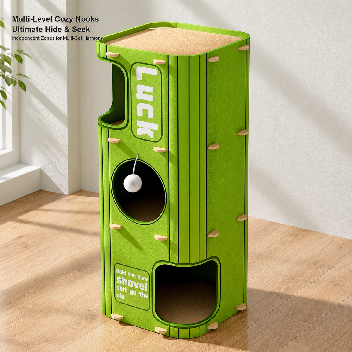 Revised | Multi-Functional Felt Cat Tower / Cat Barrel | source image 07 | TEXT_LAYOUT_REBUILD | textLayer=transparent-overlay | backgroundMode=scene-outpaint | complete square