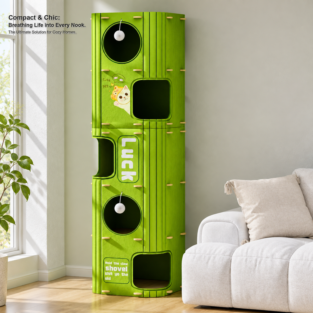 Revised | Multi-Functional Felt Cat Tower / Cat Barrel | source image 08 | TEXT_LAYOUT_REBUILD | textLayer=transparent-overlay | backgroundMode=scene-outpaint | complete square