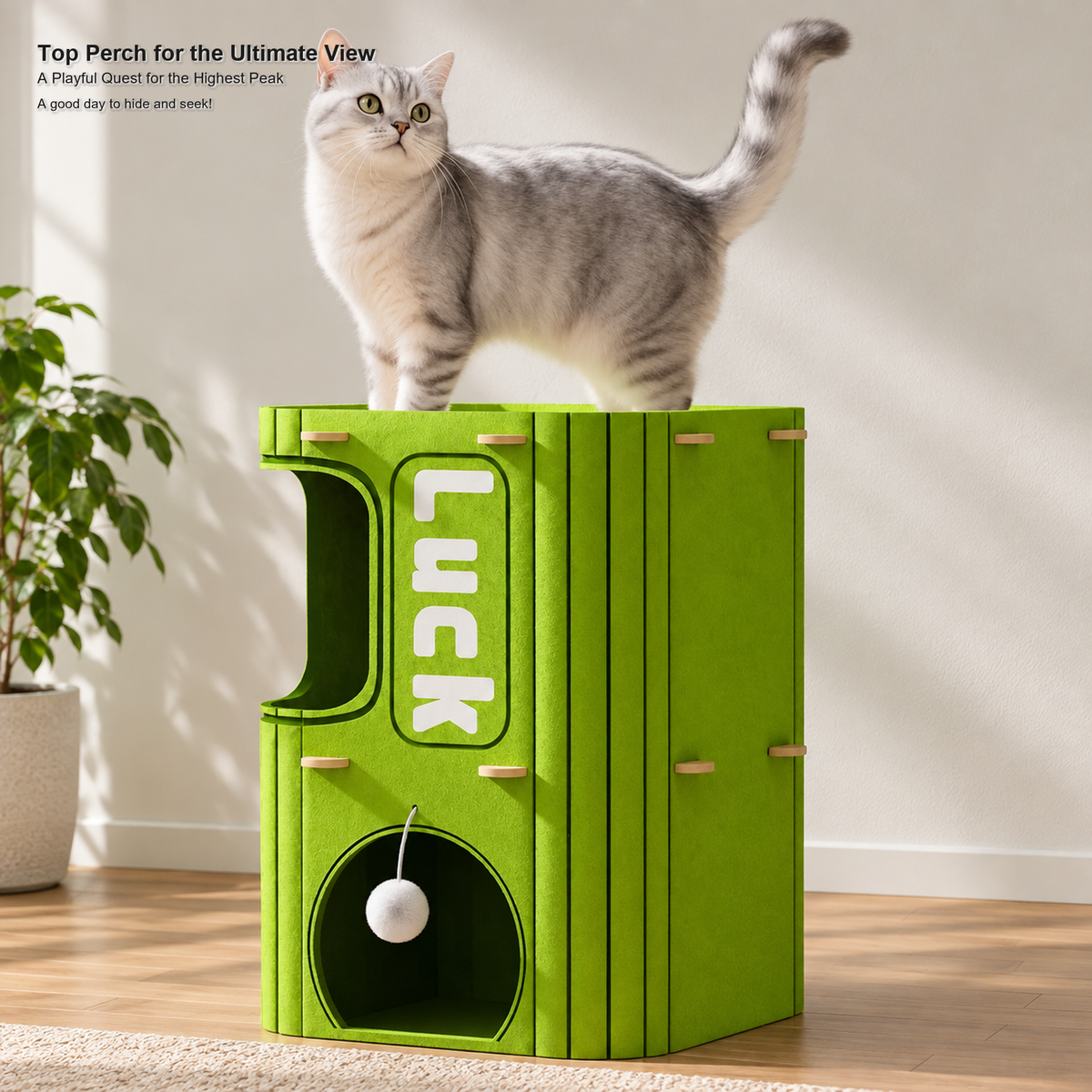 Revised | Multi-Functional Felt Cat Tower / Cat Barrel | source image 09 | TEXT_LAYOUT_REBUILD | textLayer=transparent-overlay | backgroundMode=scene-outpaint | complete square