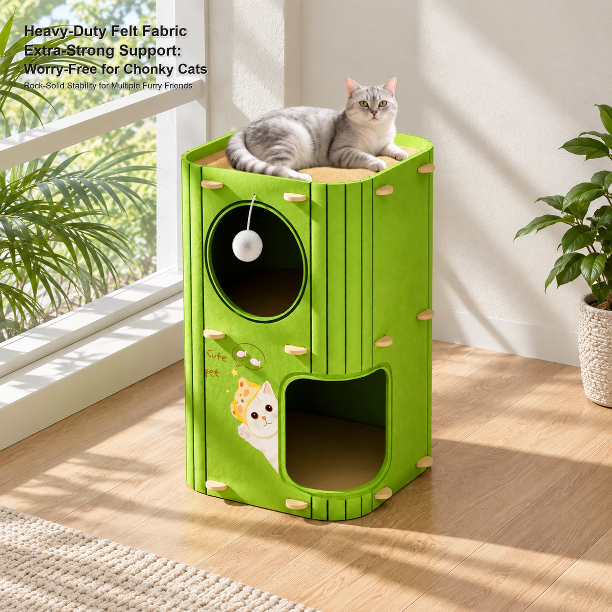 Revised | Multi-Functional Felt Cat Tower / Cat Barrel | source image 11 | TEXT_LAYOUT_REBUILD | textLayer=transparent-overlay | backgroundMode=scene-outpaint | complete square