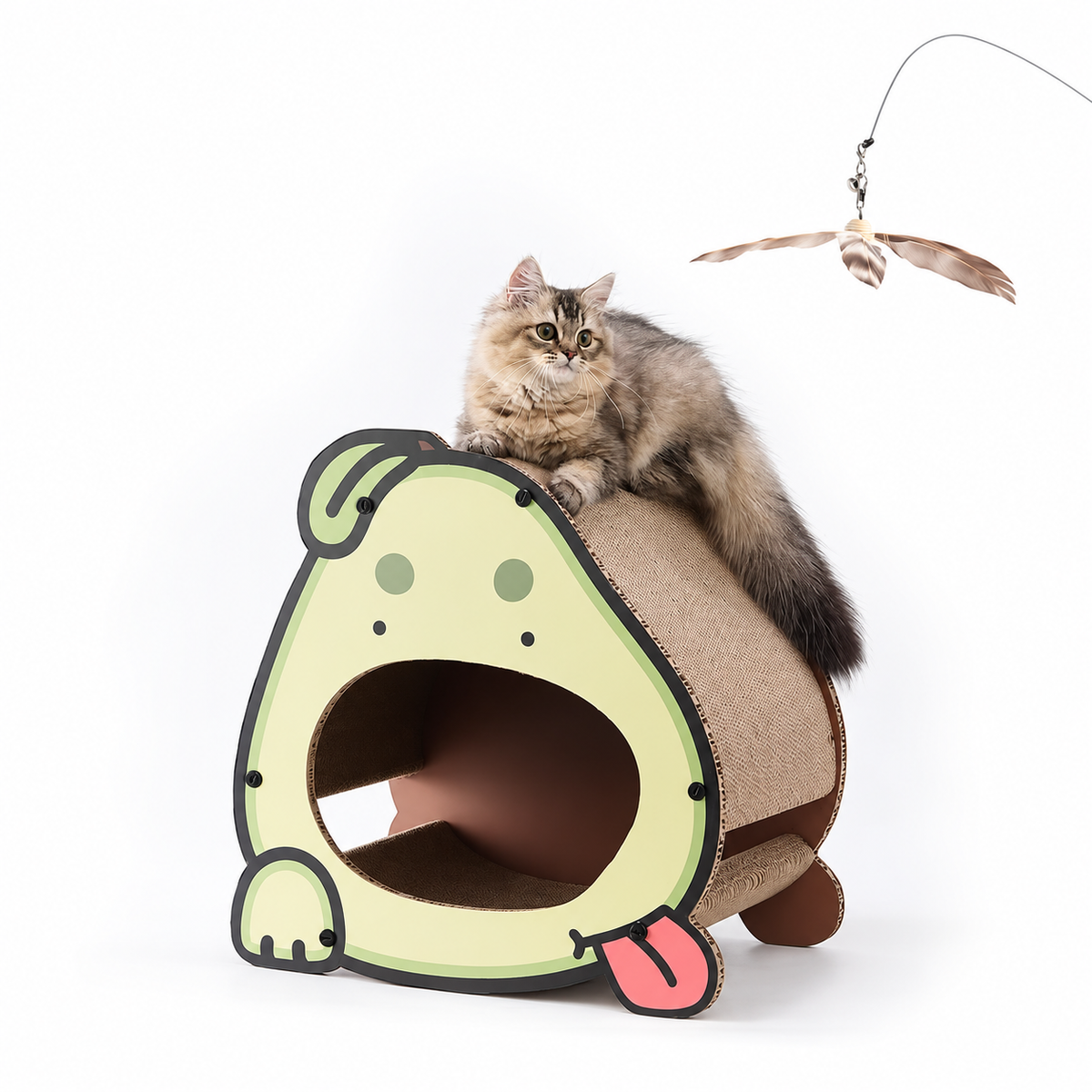 Cat resting on an avocado-shaped cat scratcher house in a home setting