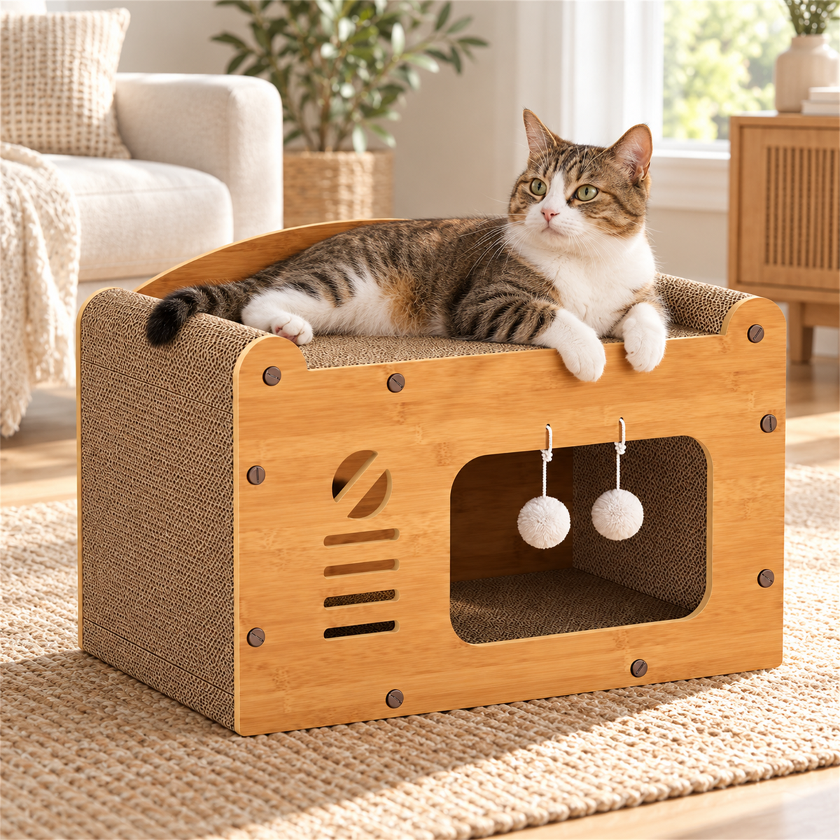 Wooden cat scratcher and lounger with a cat resting in a bright home setting
