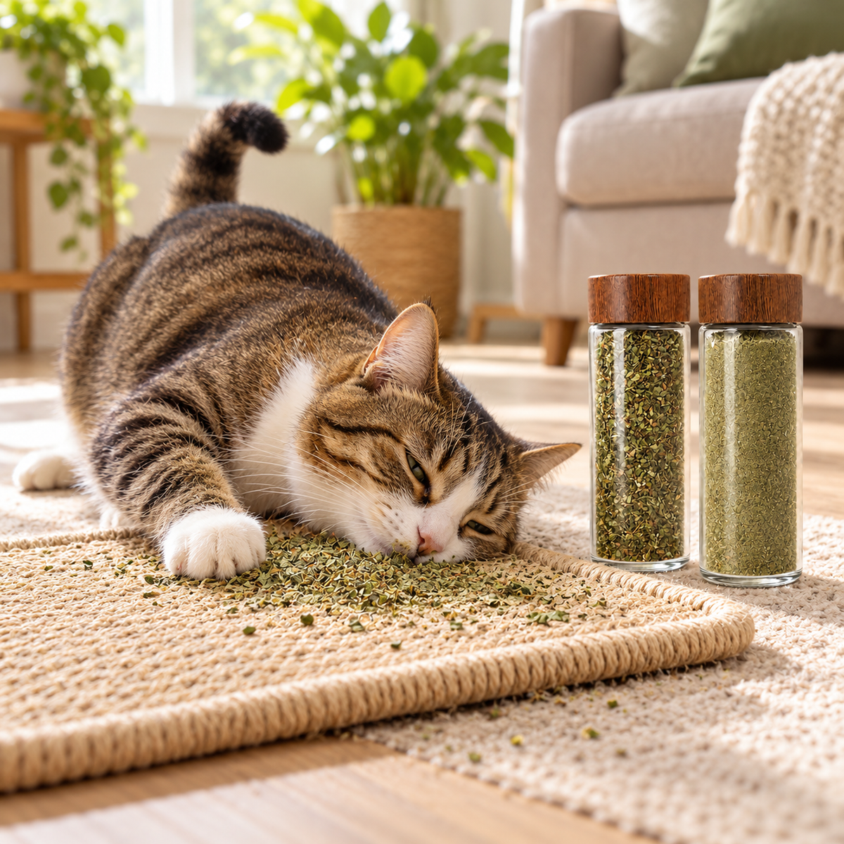Cat sniffing catnip leaves sprinkled on a scratching mat