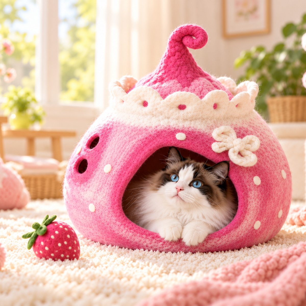 Cat resting inside a pink flower fairy felt cat cave