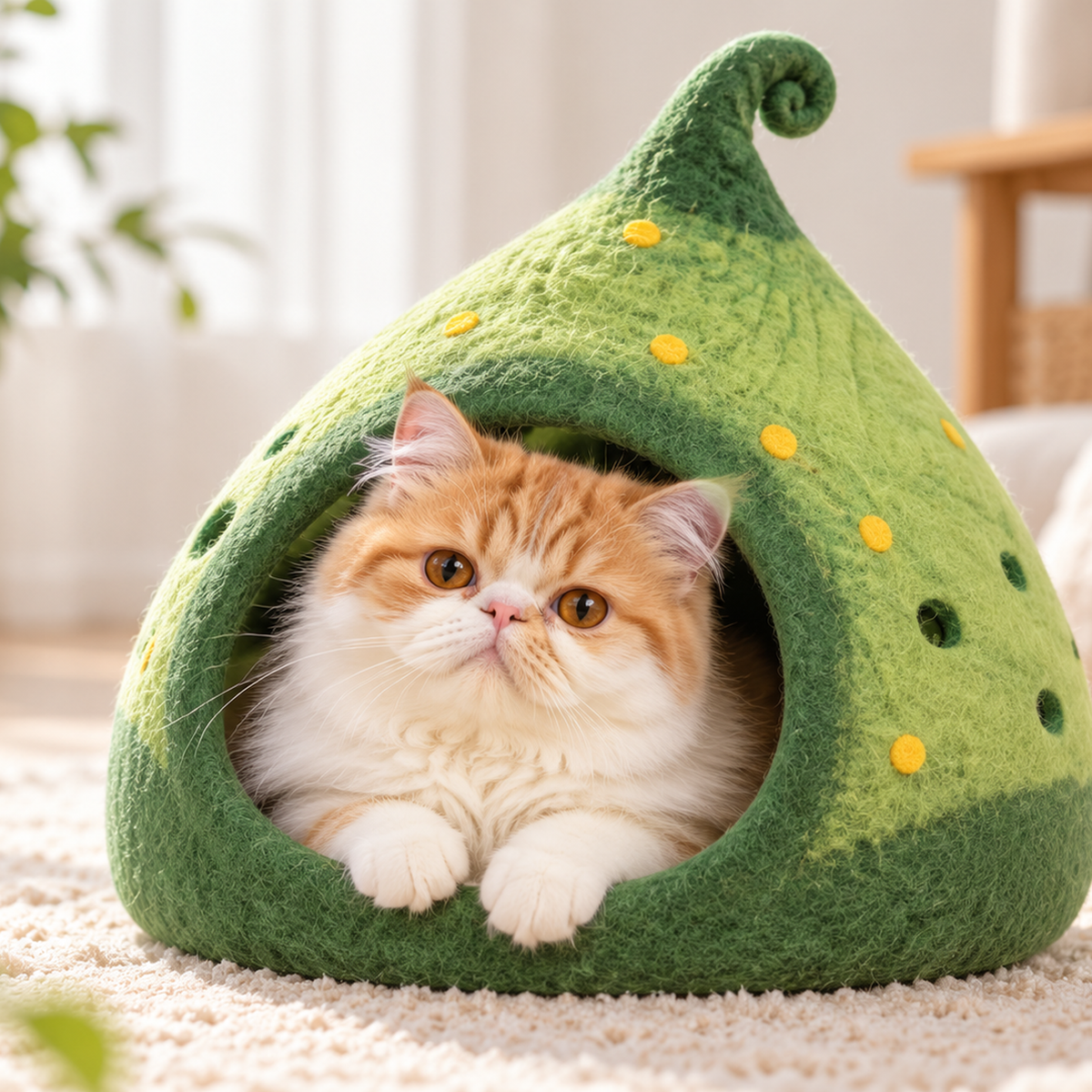 Cat beside a forest green elf felt cat cave